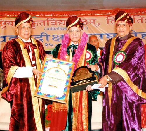 C.R. Rao (centre) receives his 36th honorary degree, at the International  Sanskrit University, in Tirupati, India