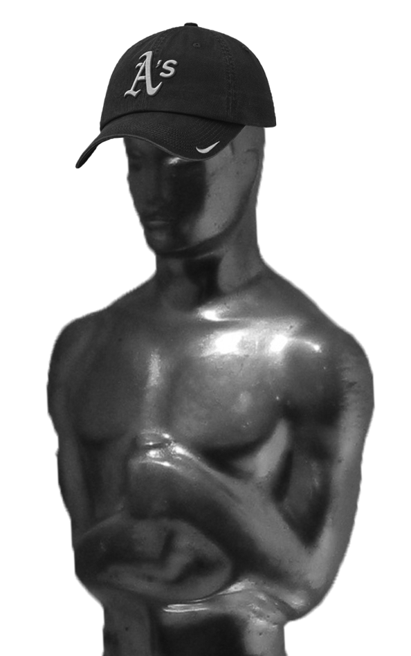 Oscar statuette in an Oakland Athletics baseball cap